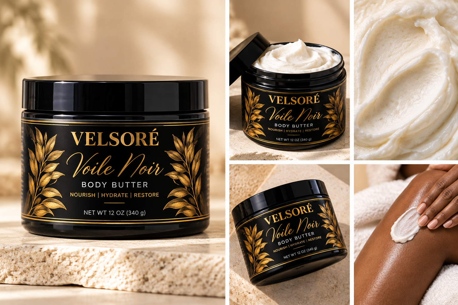 VELSORÉ Voile Noir luxury body butter in a black 12 oz jar